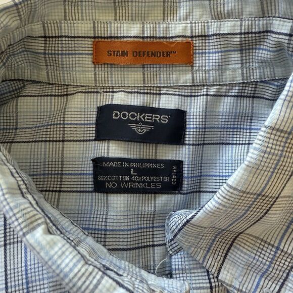 Men’s Dockers Blue Plaid Short Sleeved Button Down Shirt Stain Defender Size L - Picture 4 of 6